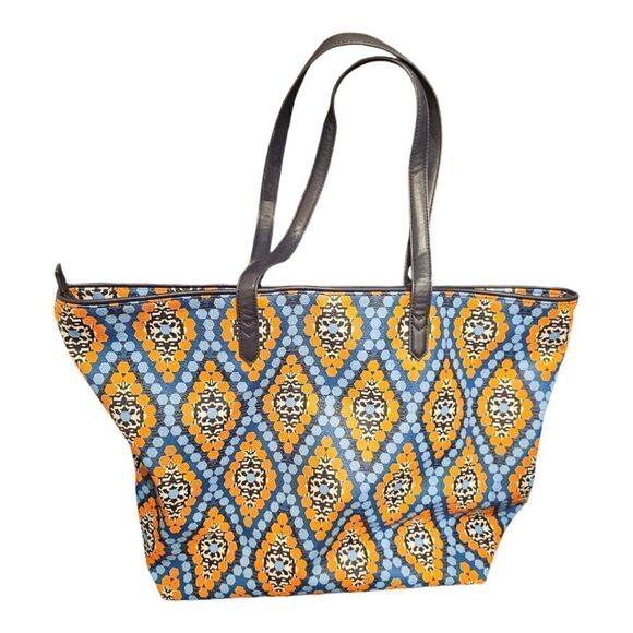 VERA BRADLEY Large Zippered Blue/Orange Printed Tote Bag - Picture 2 of 9